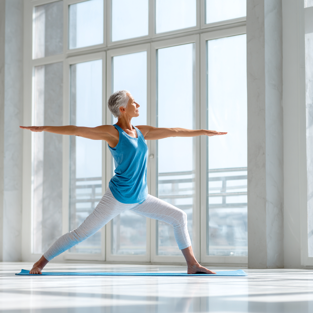 Жінка 55 років виконує асану йоги у світлій студії з великими вікнами