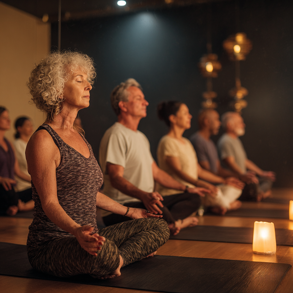 Група людей віком 50-60 років займається йогою в затишній студії з м'яким освітленням